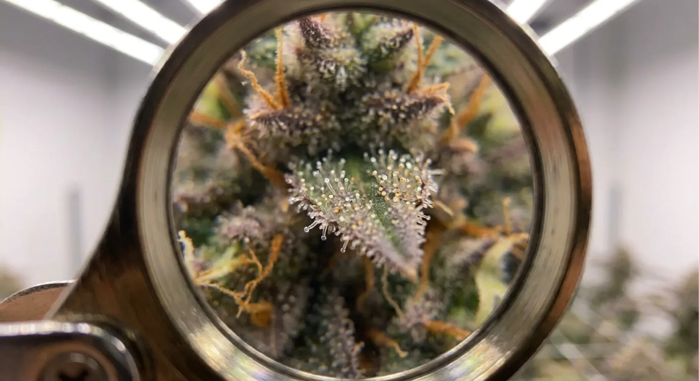 Trichome maturity stages: cloudy trichomes indicate peak myrcene accumulation; amber signals degradation onset.