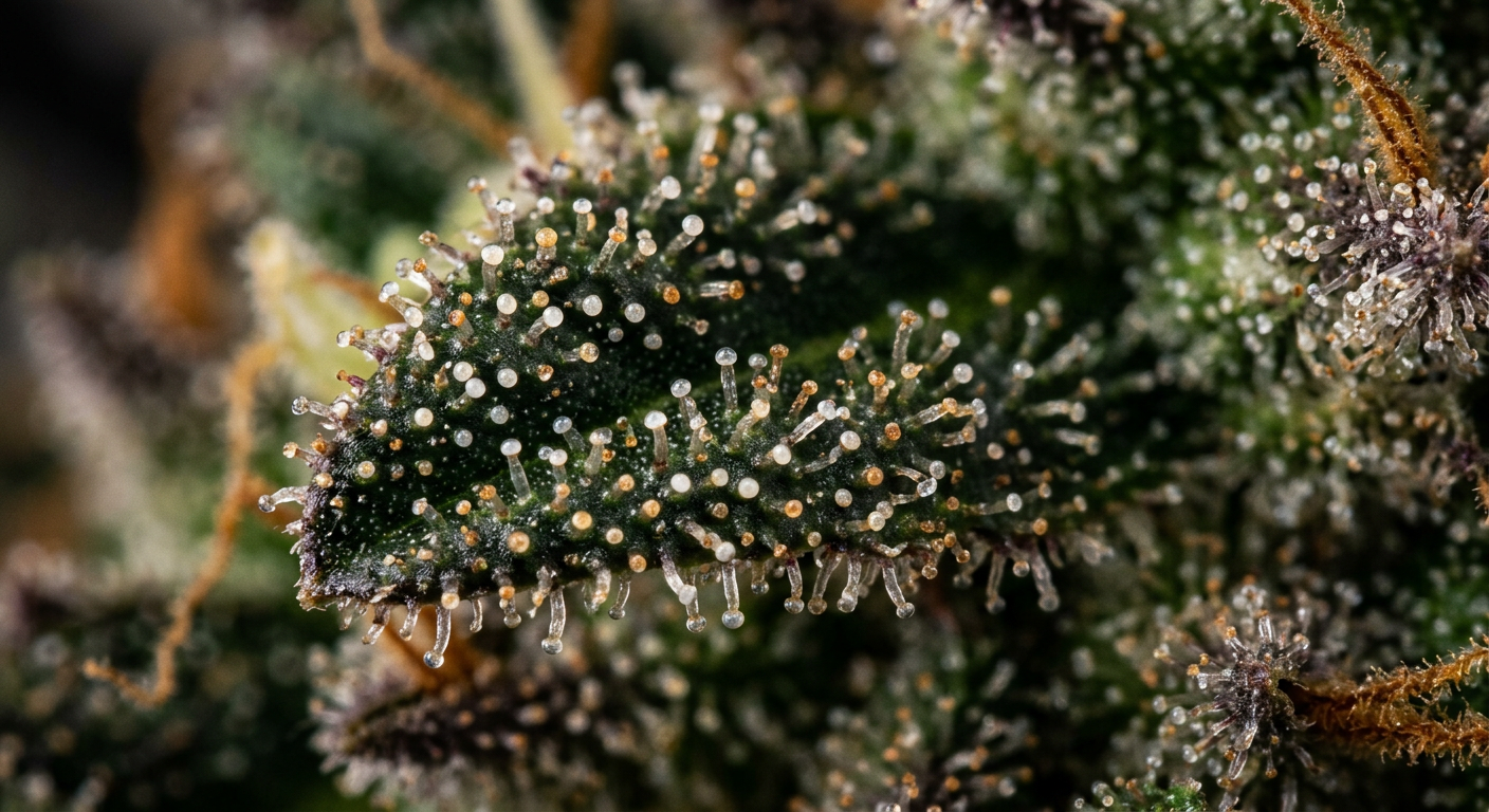 Myrcene is produced and stored in trichome glands alongside THC and CBD.