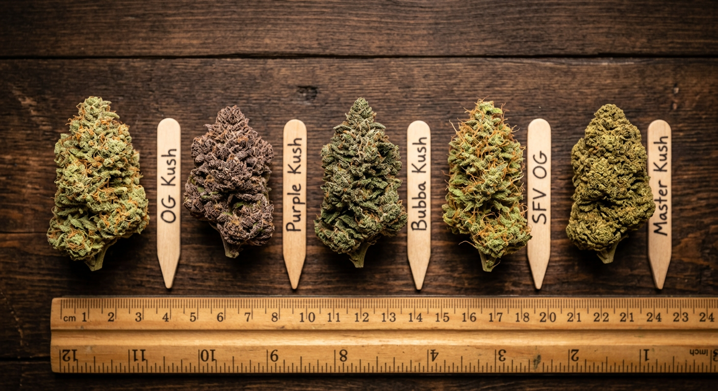 Comparing bud density and trichome coverage across high-myrcene Kush and OG varieties.
