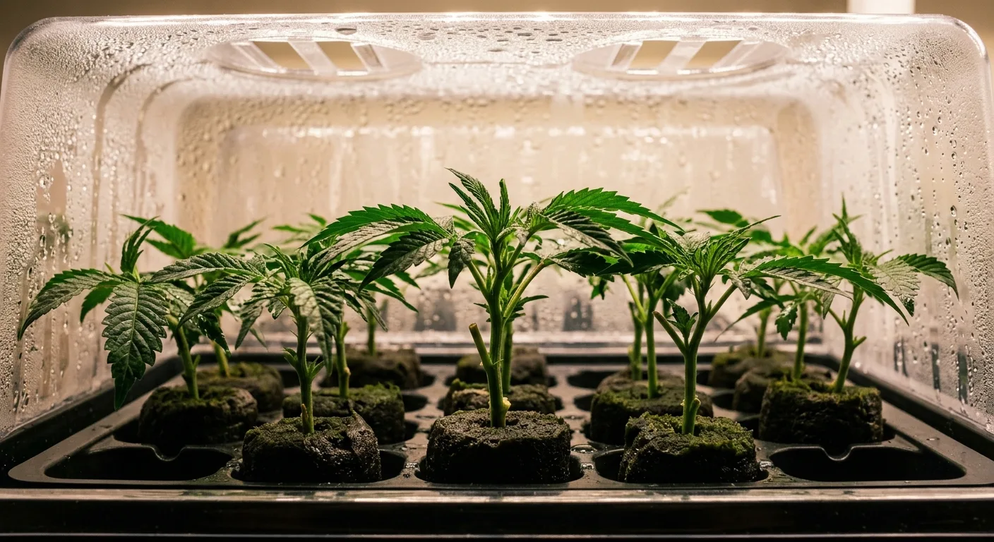 Freshly cut cannabis clones in a humidity dome, ready for rooting