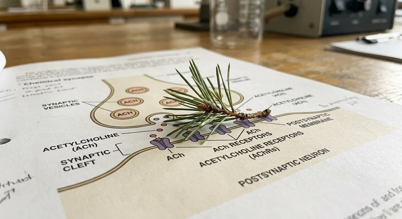 Alpha-pinene's acetylcholinesterase inhibition mechanism illustrated at synaptic level.