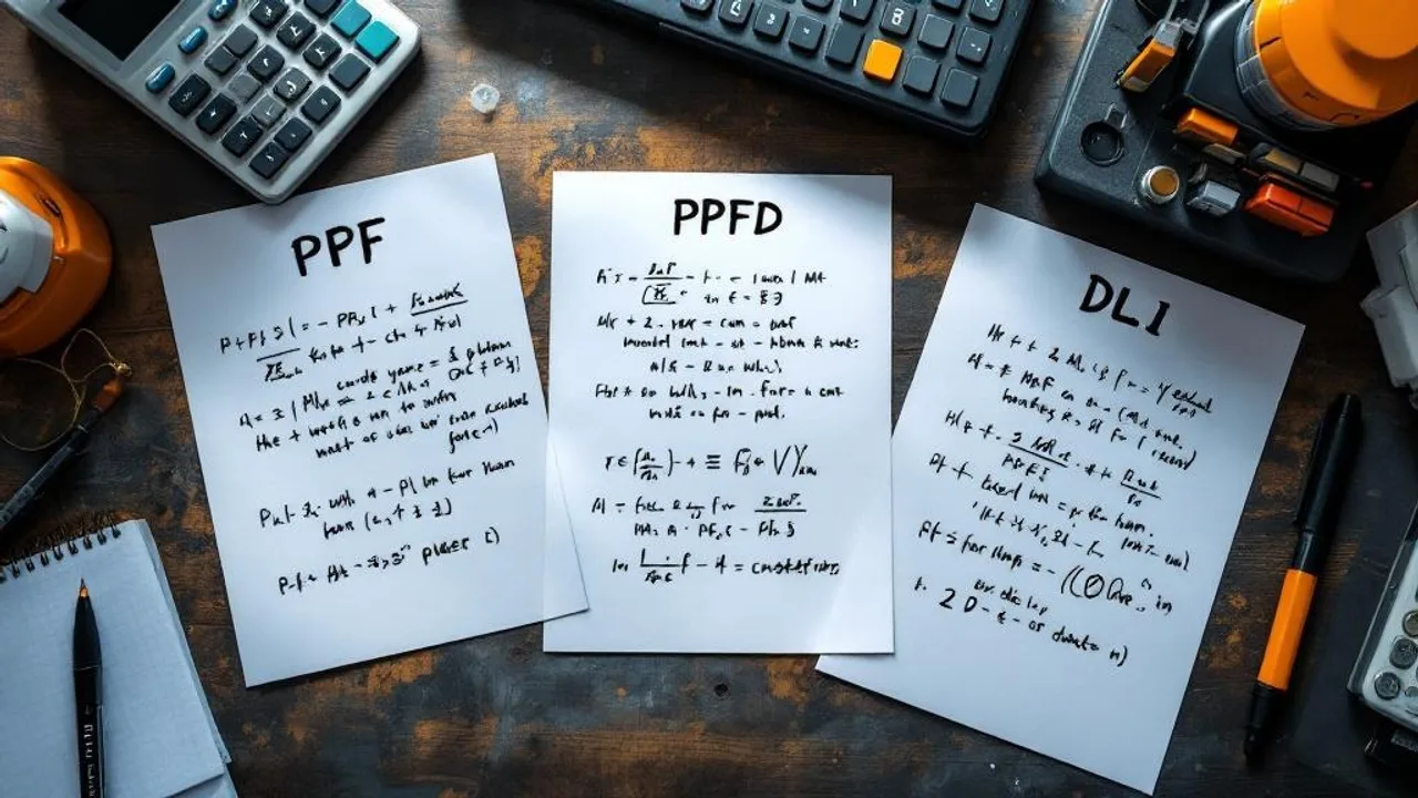 Three reference cards labeled PPF, PPFD, and DLI with handwritten formulas, calculator, and quantum PAR sensor on workbench.