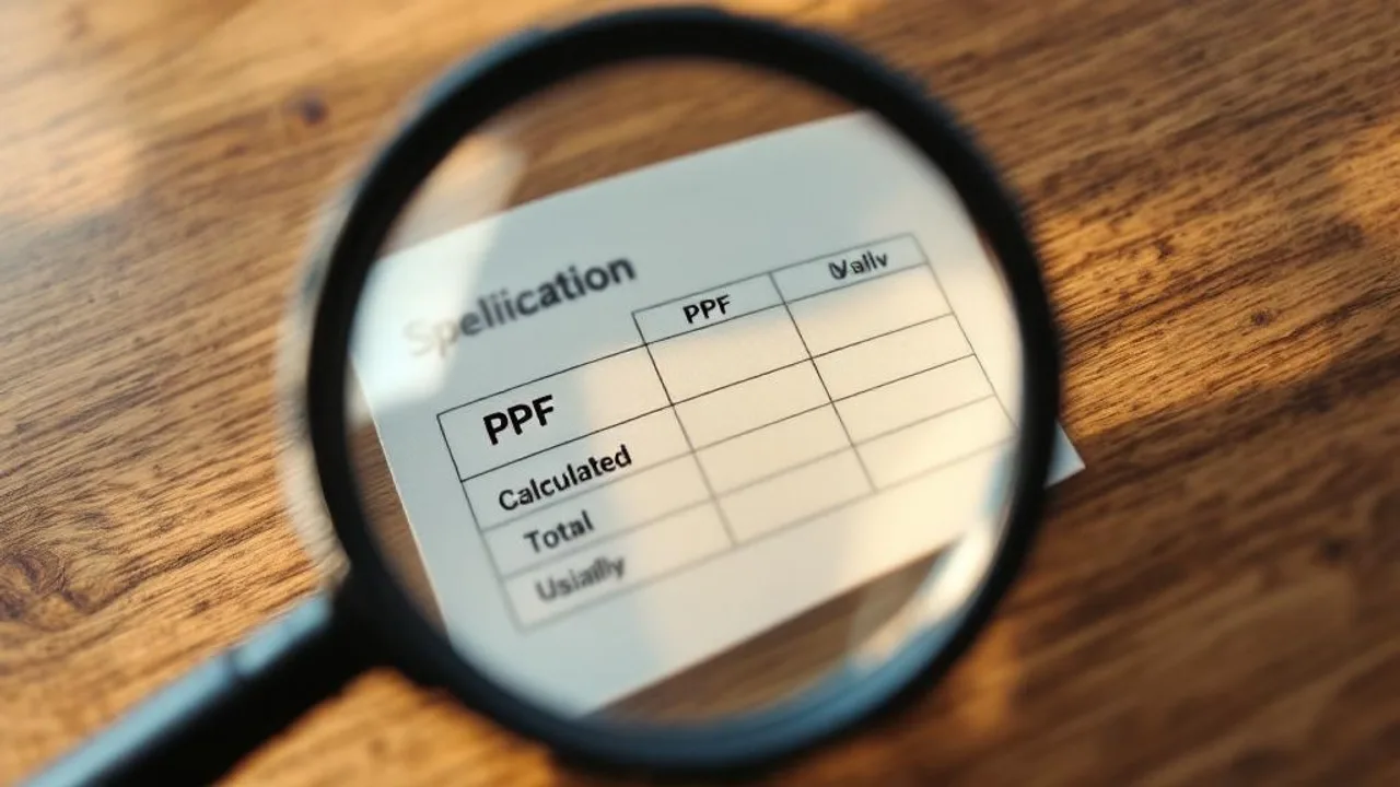 Magnifying glass examining grow light specification label with three highlighted PPF measurement rows on wooden surface in macro detail.
