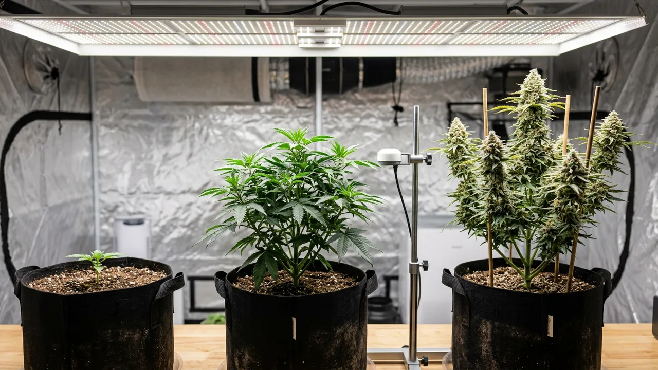 Three cannabis plants at seedling, vegetative, and flowering stages in fabric pots under LED grow light with quantum sensor at canopy.