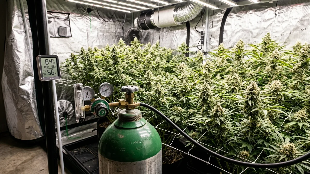 Sealed grow room with CO2 tank, thermometer reading 84°F, and flowering cannabis plants under white LED lights.