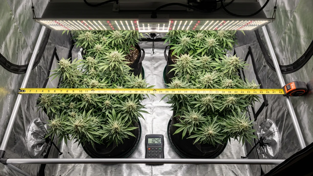 Overhead view of grow tent with tape measure on canopy, calculator displaying 1040 micromoles, and suspended LED quantum board.