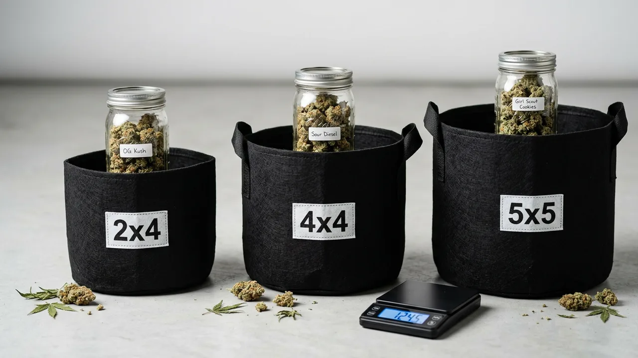 Three labeled fabric pots with harvested cannabis flowers in jars on studio floor with scale showing yield comparison.