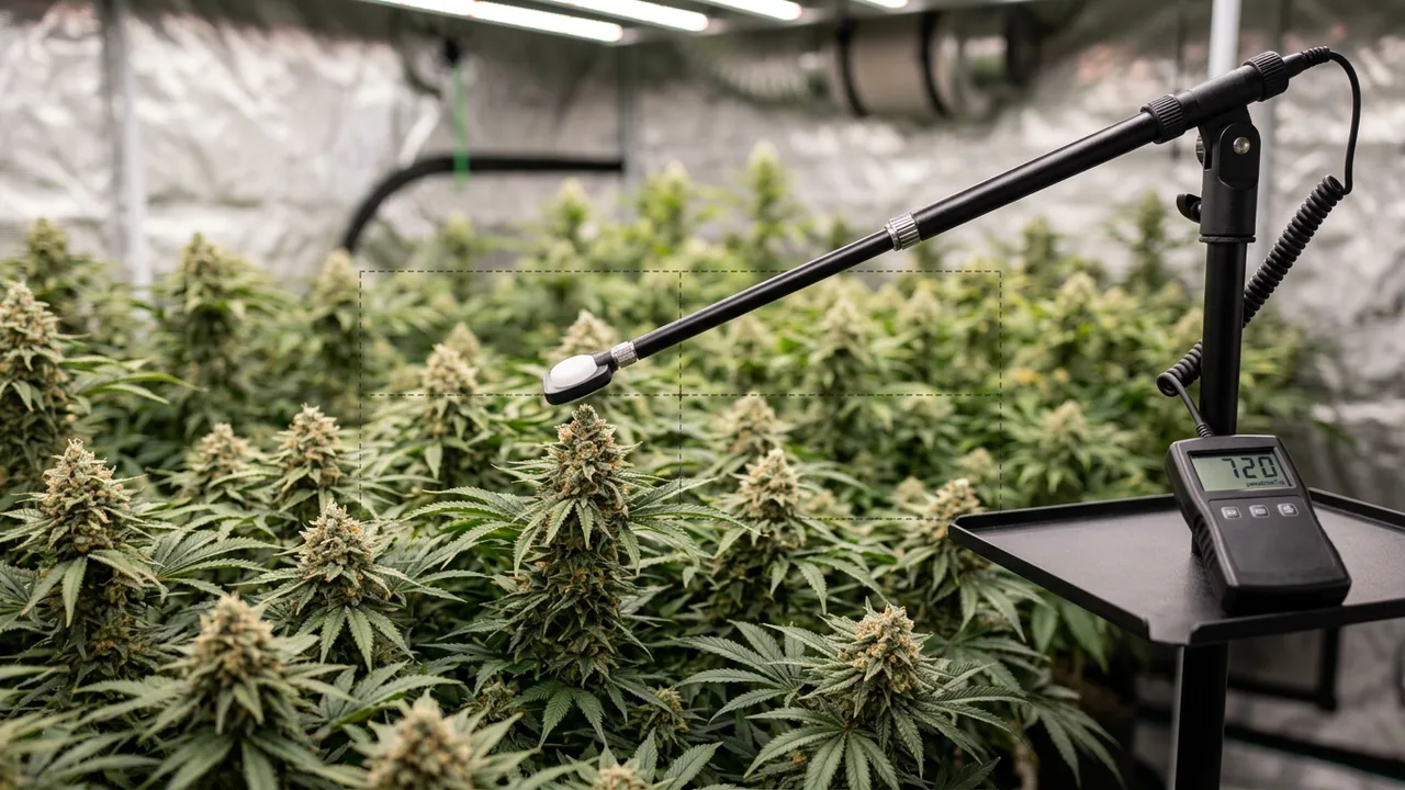 Quantum PAR meter on extension wand held above flowering cannabis plants displaying 720 micromoles PPFD reading with measurement grid overla