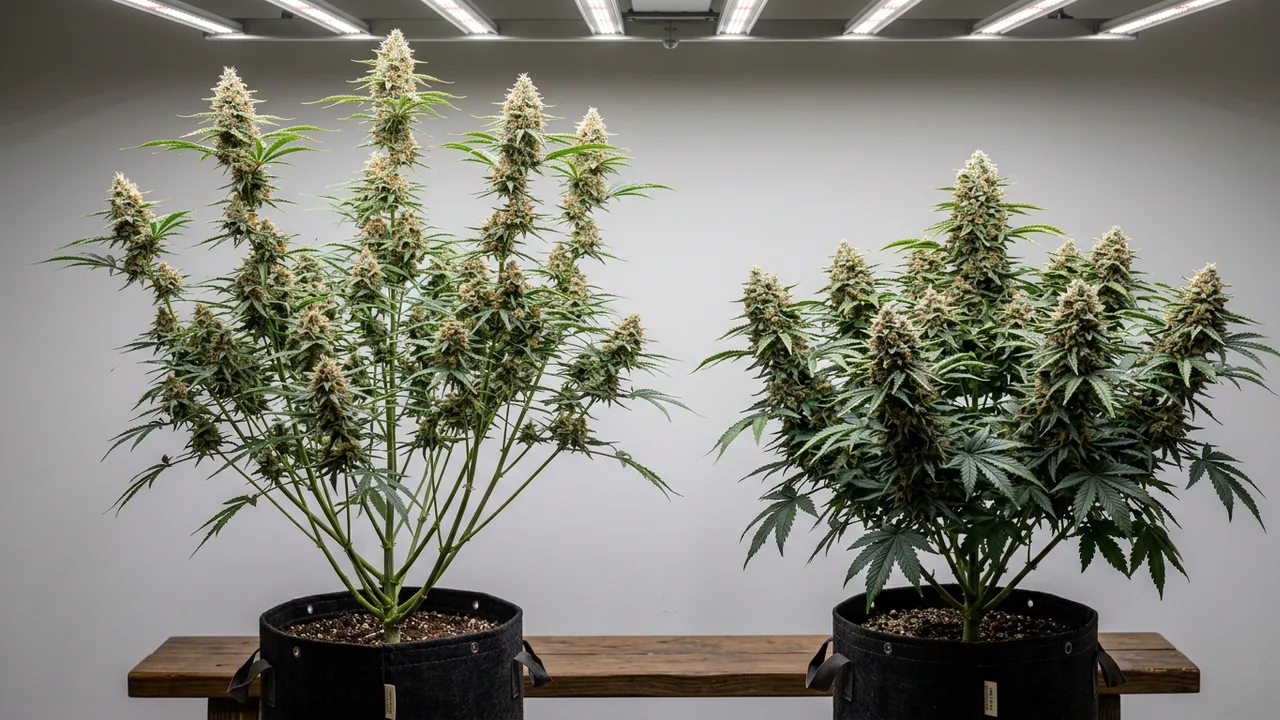 Sativa and indica cannabis plants flowering side-by-side under LED lights, showing structural differences in growth habit.
