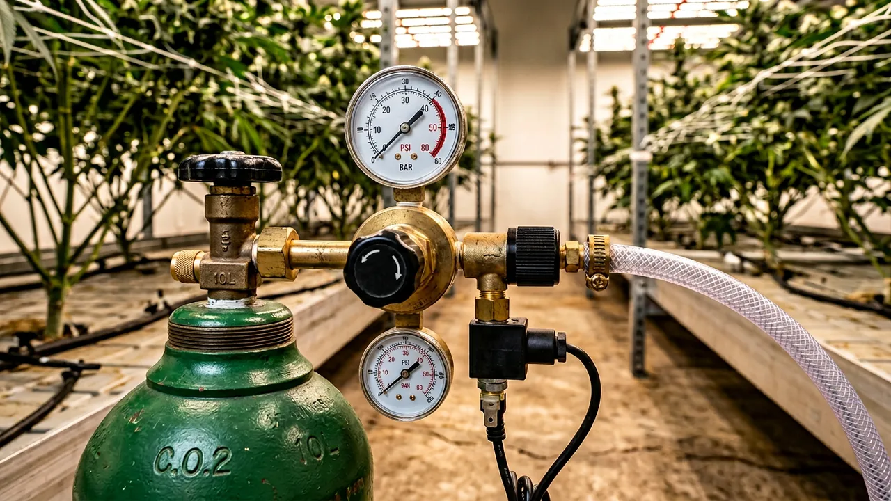 Brass CO2 regulator with pressure gauge mounted on green cylinder, tubing extending toward grow room on concrete floor.