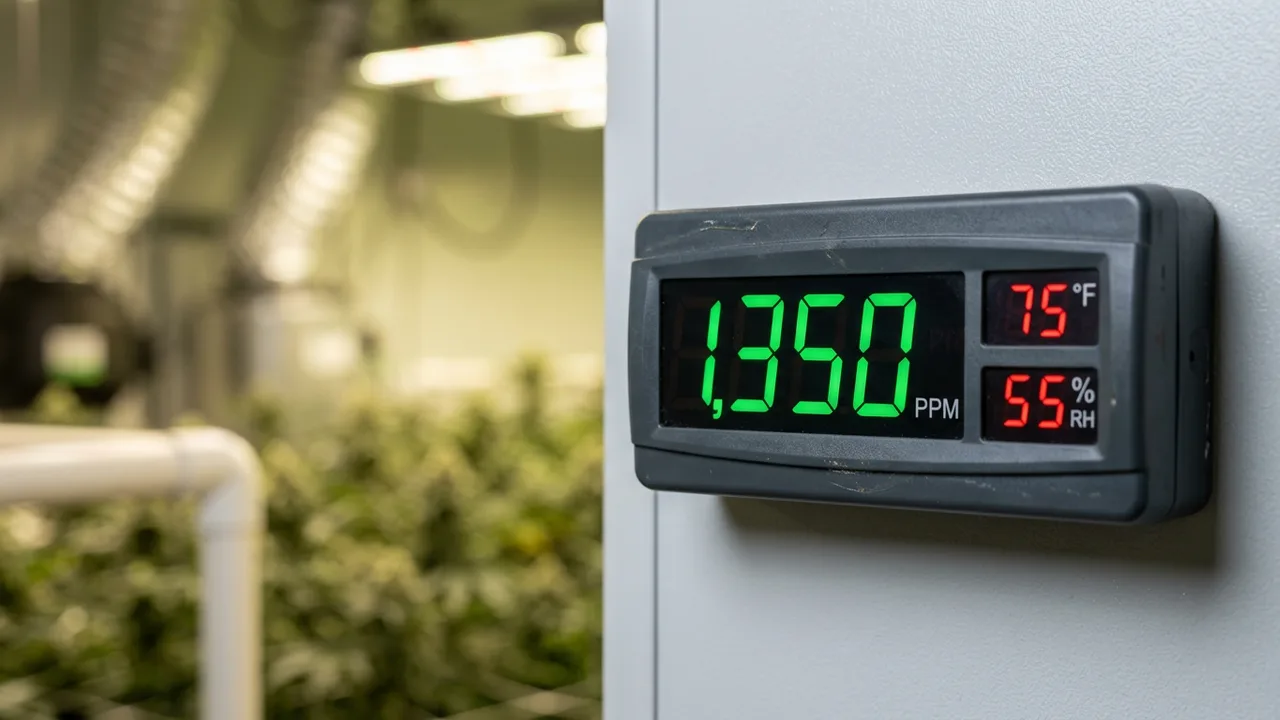 Digital CO2 monitor displaying 1,350 ppm in green text beside temperature and humidity gauges in a professional grow room setup.
