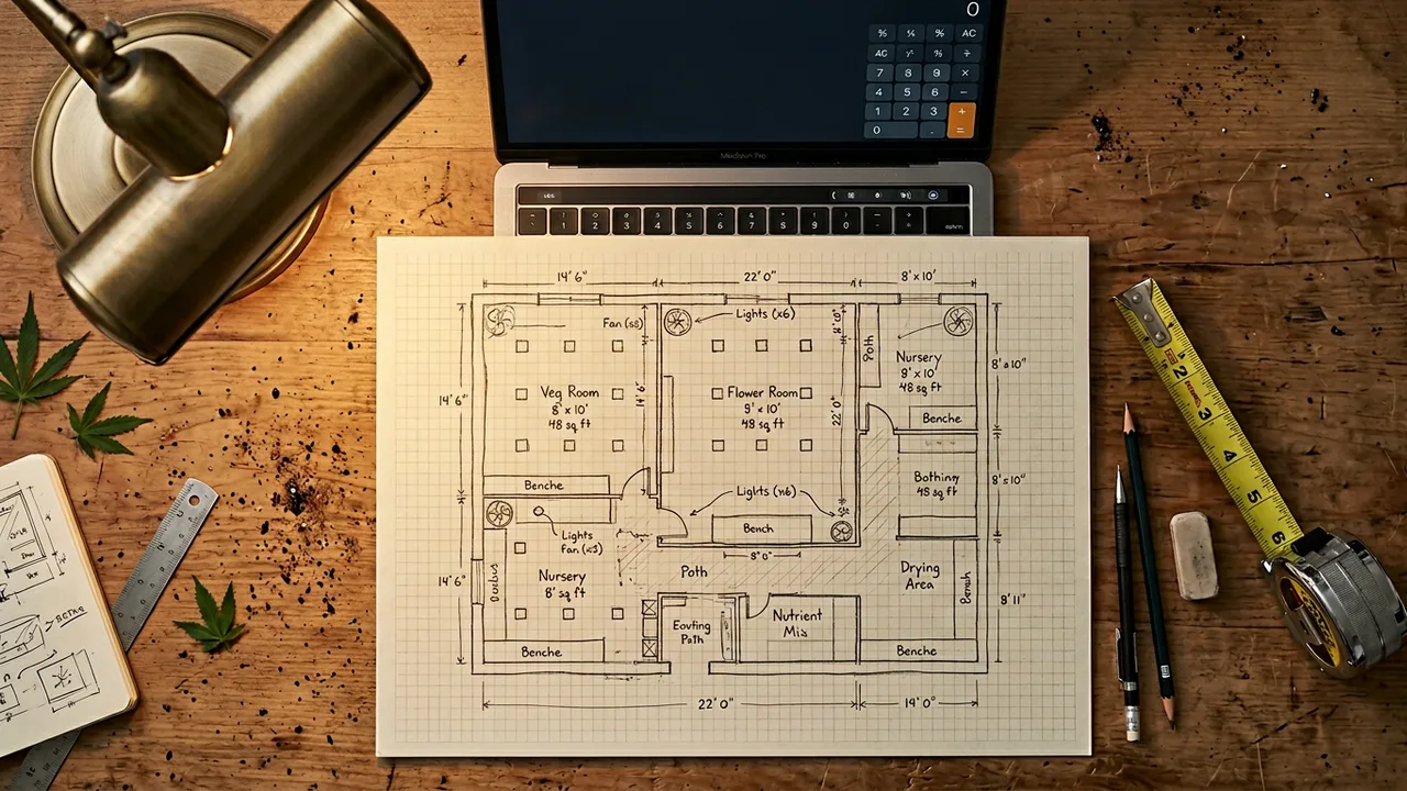 Overhead view of grow room floor plan sketch on graph paper with tape measure, pencil, calculator on laptop, and desk lamp on planning works