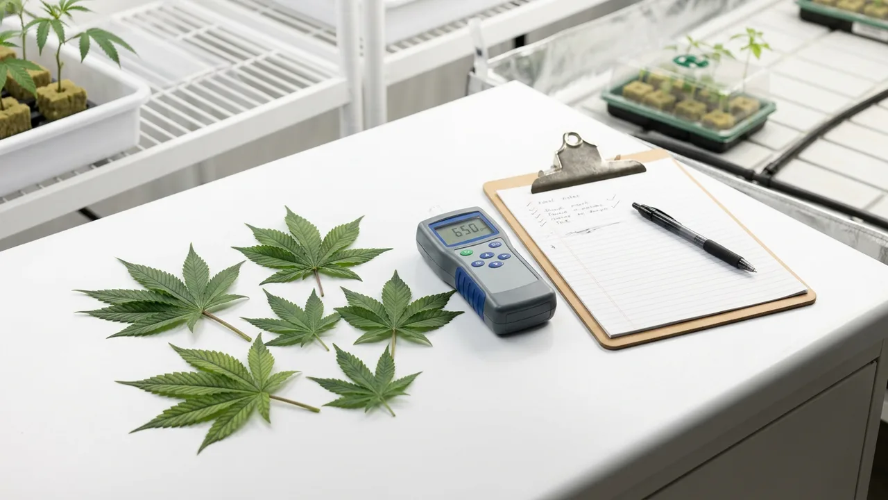 Clean cannabis grow workspace setup showing CO2 meter, clipboard, and plant leaves on white surface under soft lighting.