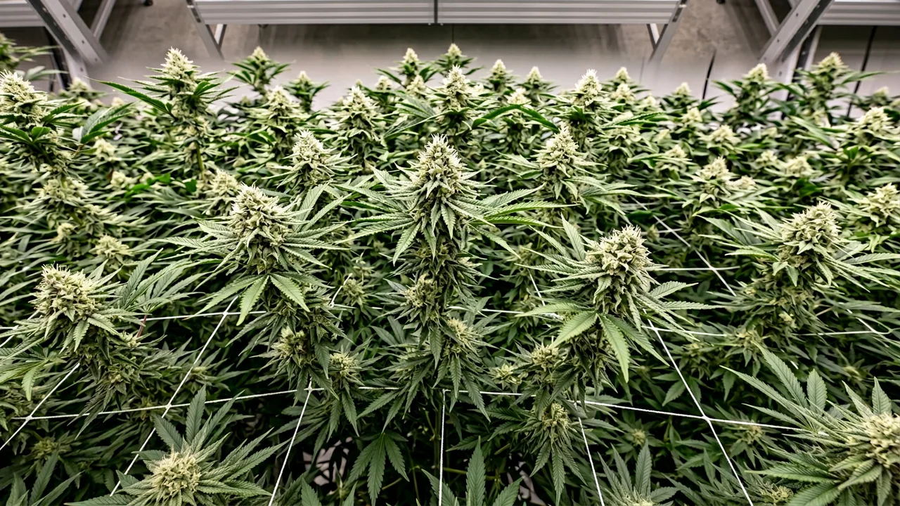 Week 3 flowering cannabis plants with swollen bud sites and resinous calyxes under even LED lighting in a professional indoor grow room.