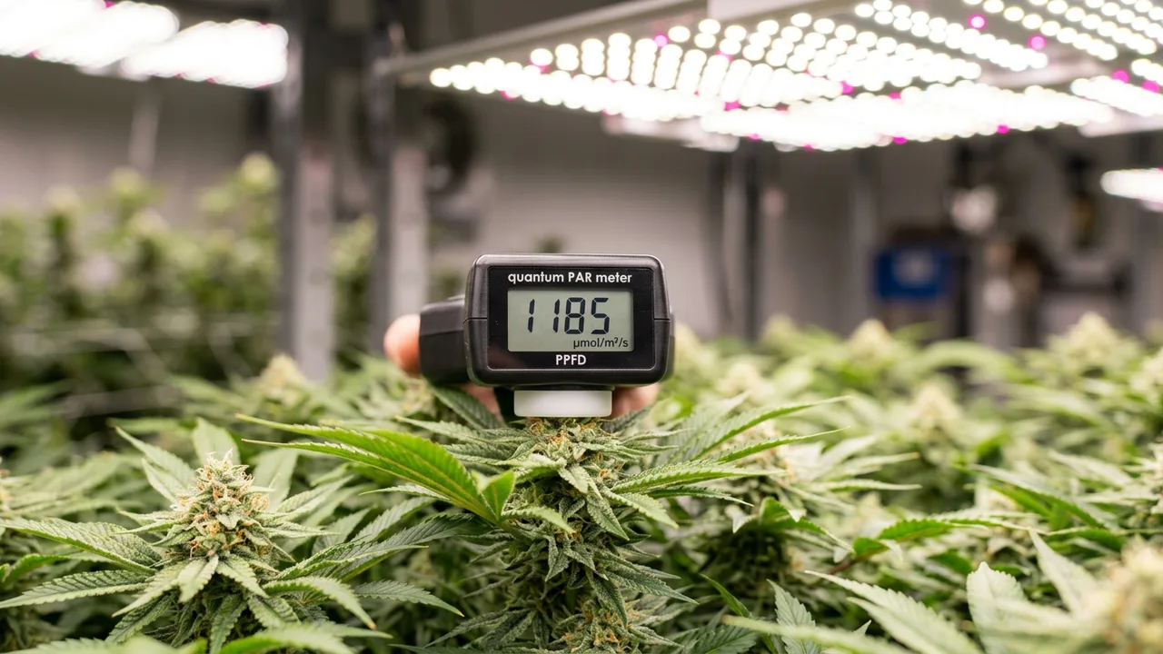 PAR meter displaying PPFD readings held above cannabis plants under bright LED grow lights in a sealed cultivation setup.