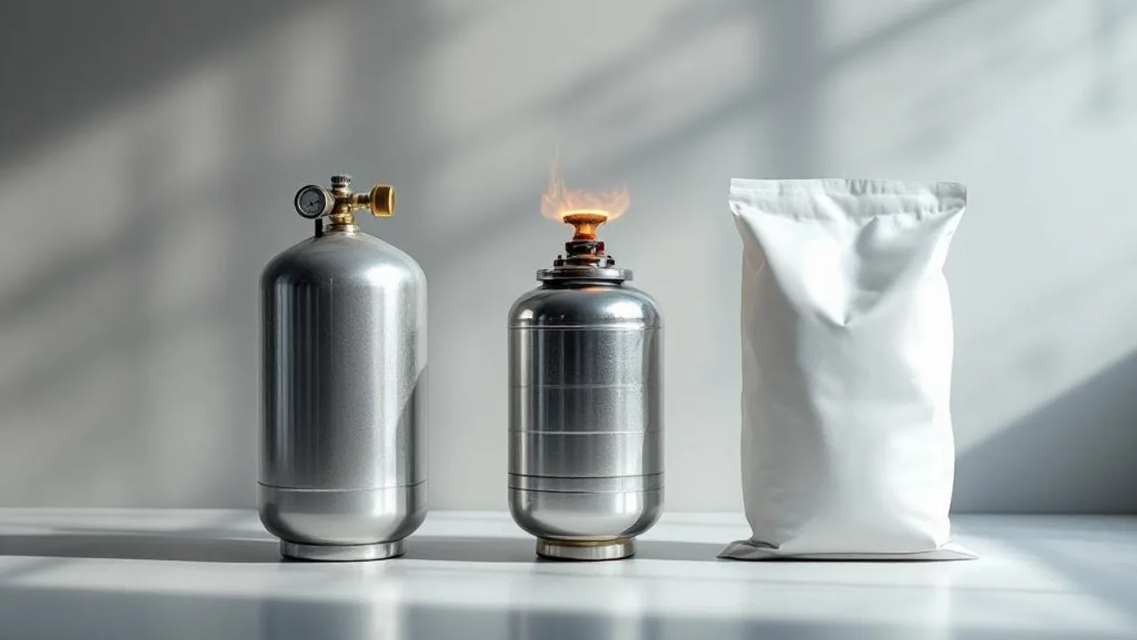Three CO2 delivery systems displayed side-by-side on gray surface: silver tank with regulator, propane burner unit, and white mycelium bag u