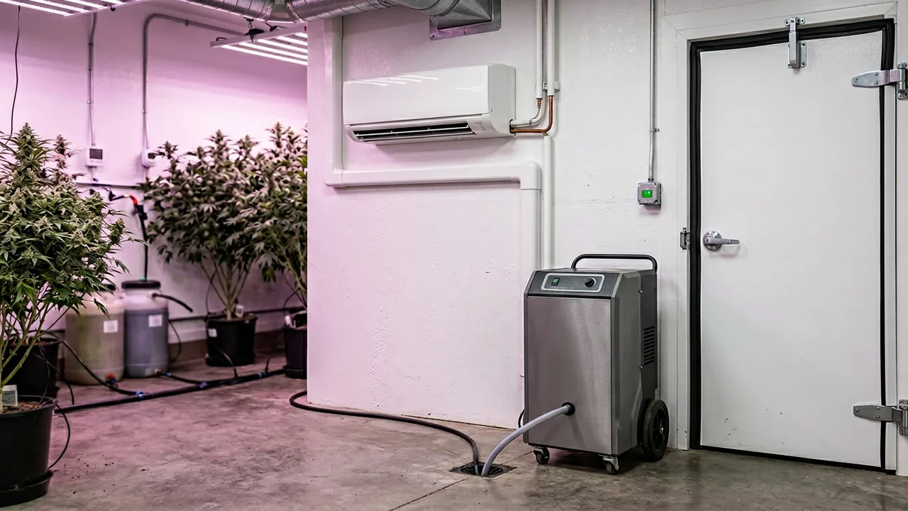Mini-split AC unit mounted on white grow room wall next to commercial dehumidifier, sealed door with gasket visible, grow lights casting amb