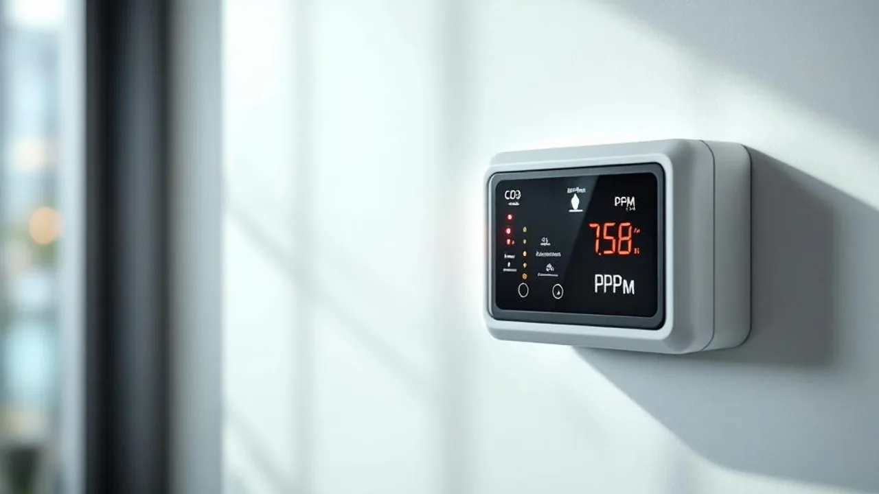 Wall-mounted CO2 safety alarm with illuminated red warning light and digital ppm display on white wall.