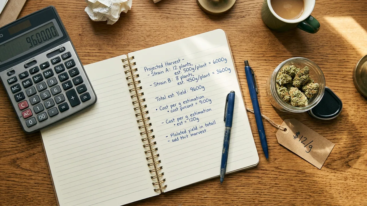 Calculator, notebook with yield notes, cannabis jar, and price tag on wooden desk showing grow operation financial planning.