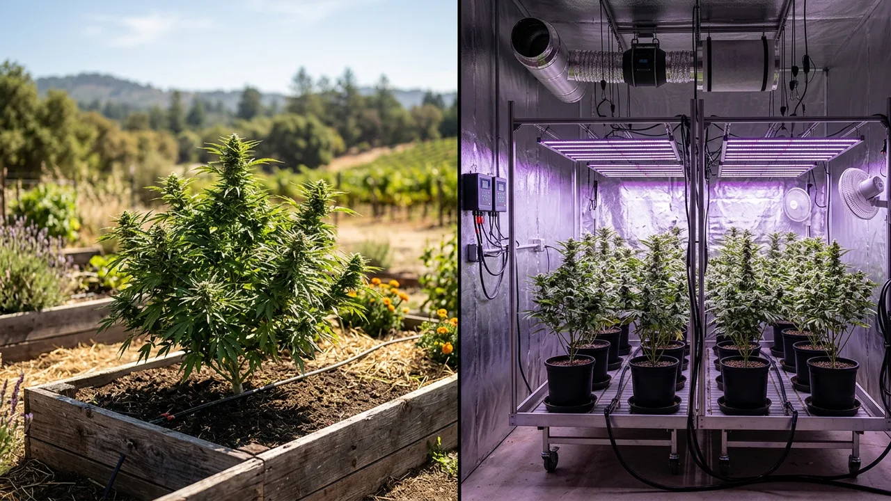 Side-by-side comparison of outdoor cannabis plant in natural sunlight versus indoor LED grow room setup with electrical equipment.