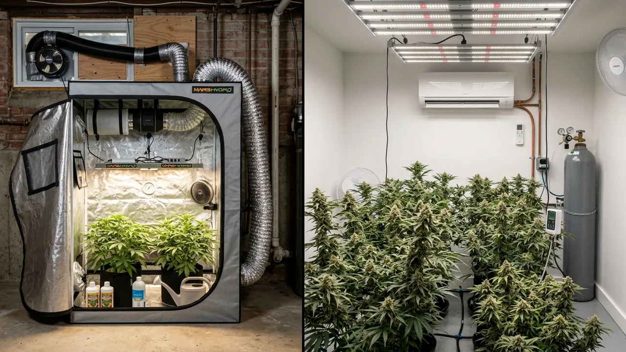 Side-by-side comparison of a basement grow tent with ducting versus a sealed grow room with mini-split AC and CO2 tank.