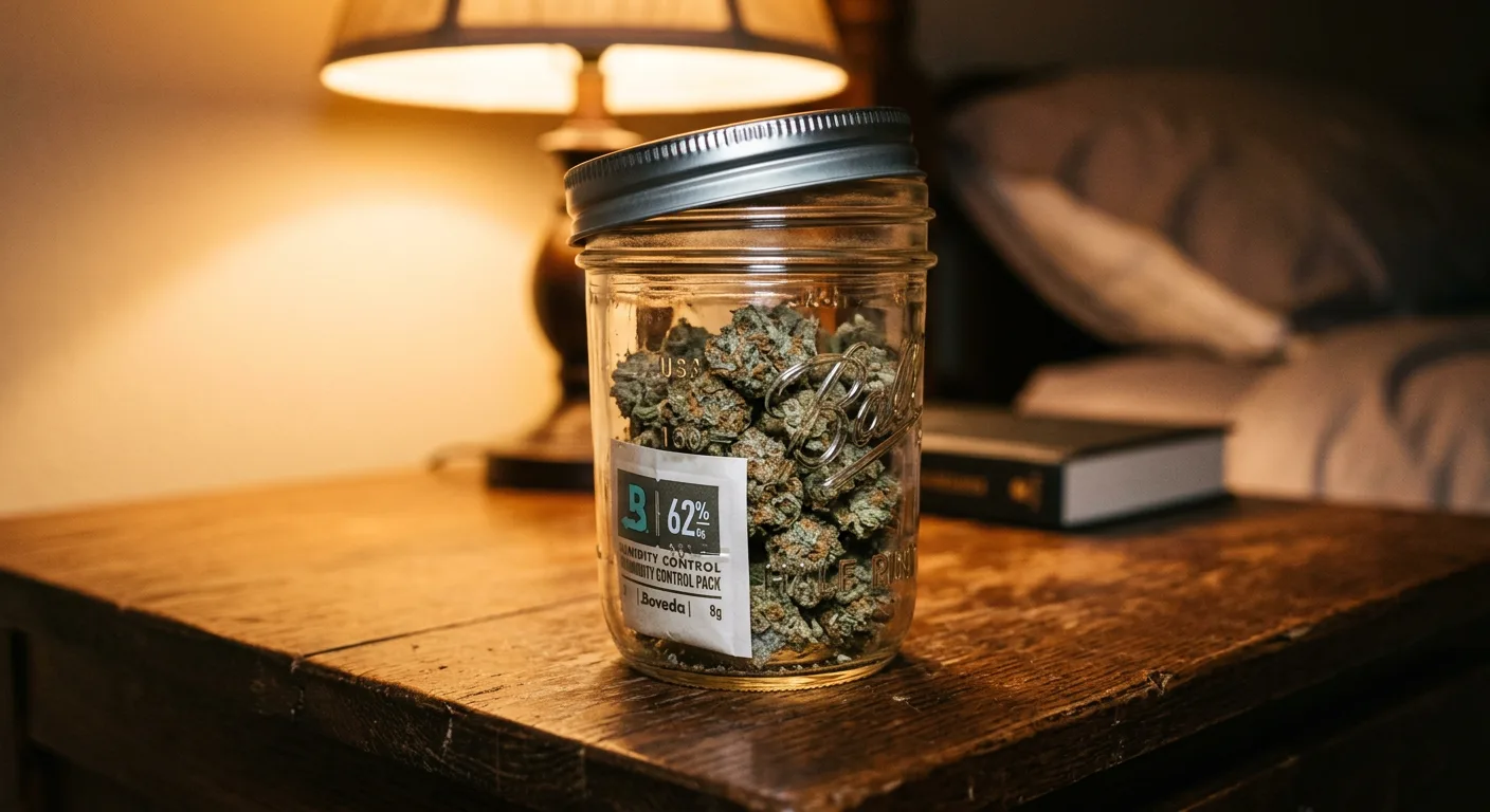 A half-pint jar with a Boveda mini pack is all you need for a sub-ounce micro-cure.