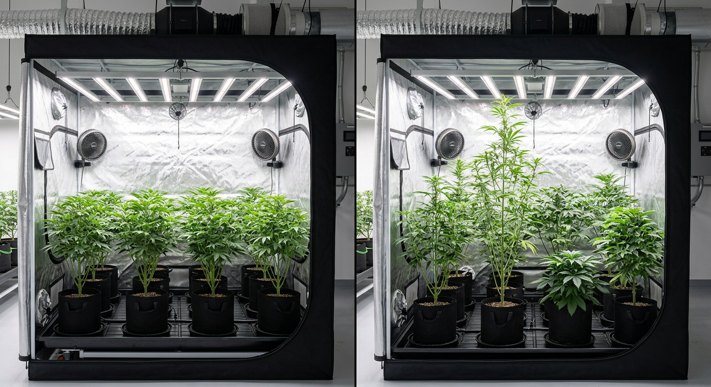 Uniform stable plants (left) vs. chaotic phenotypic variation in unstable genetics (right)
