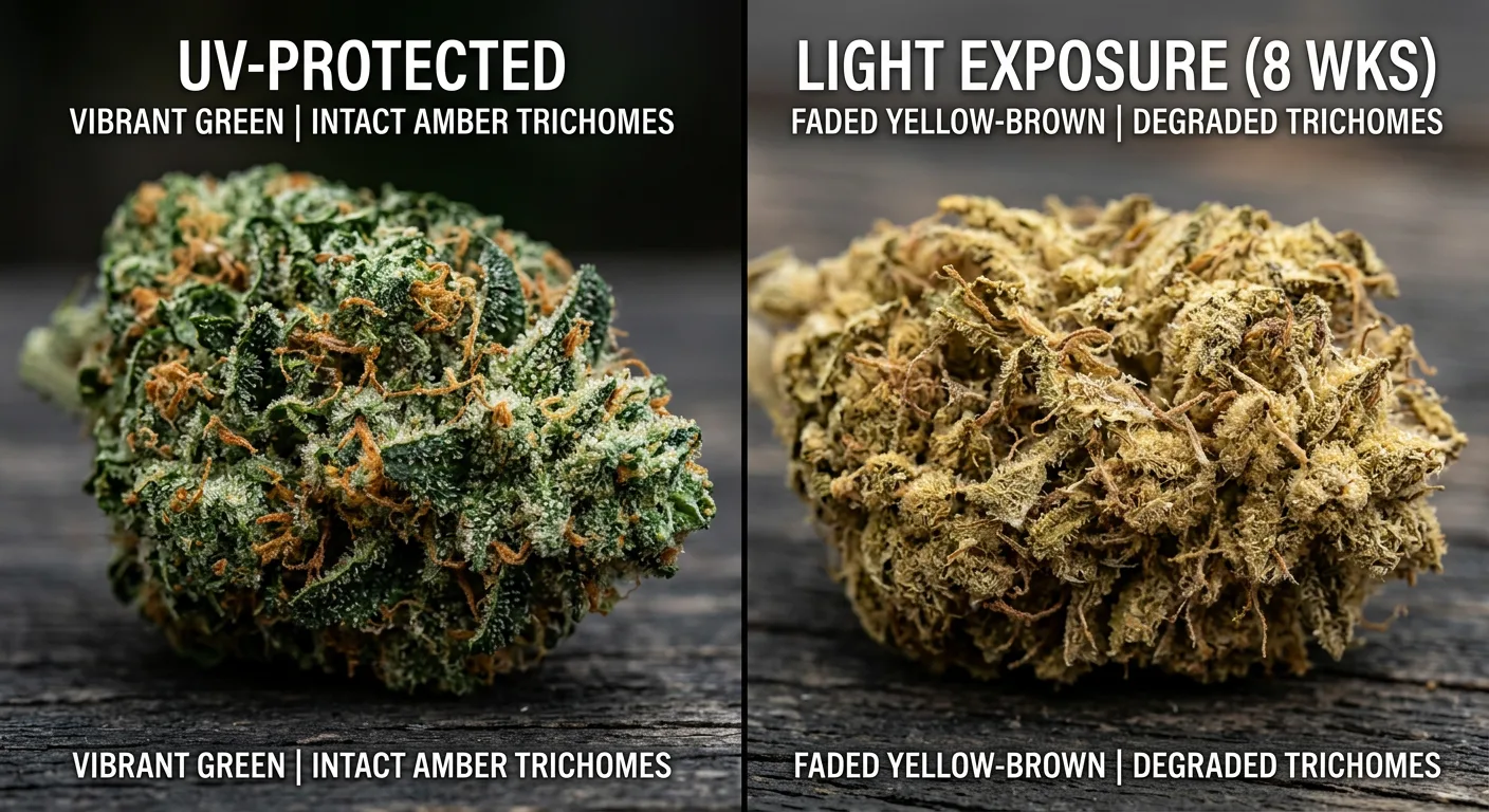 Left: UV-protected storage. Right: 8 weeks of indirect light exposure — trichome degradation visible to the naked eye.