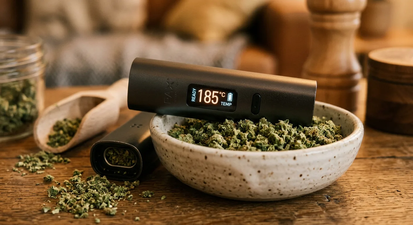 Digital vaporizer display set to 185°C — the mid-range sweet spot for balanced THC and terpene release.