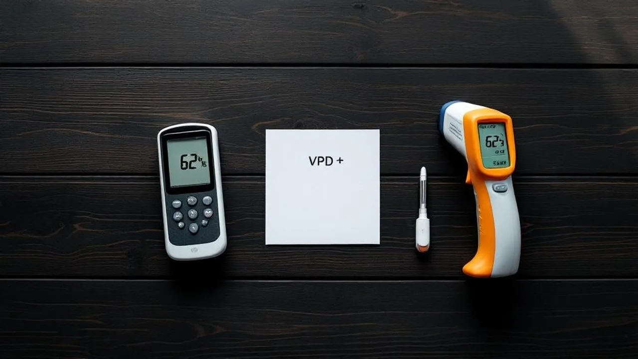 Three measurement tools arranged on dark wood around a VPD formula card: digital hygrometer showing 62% RH, infrared thermometer, and temper