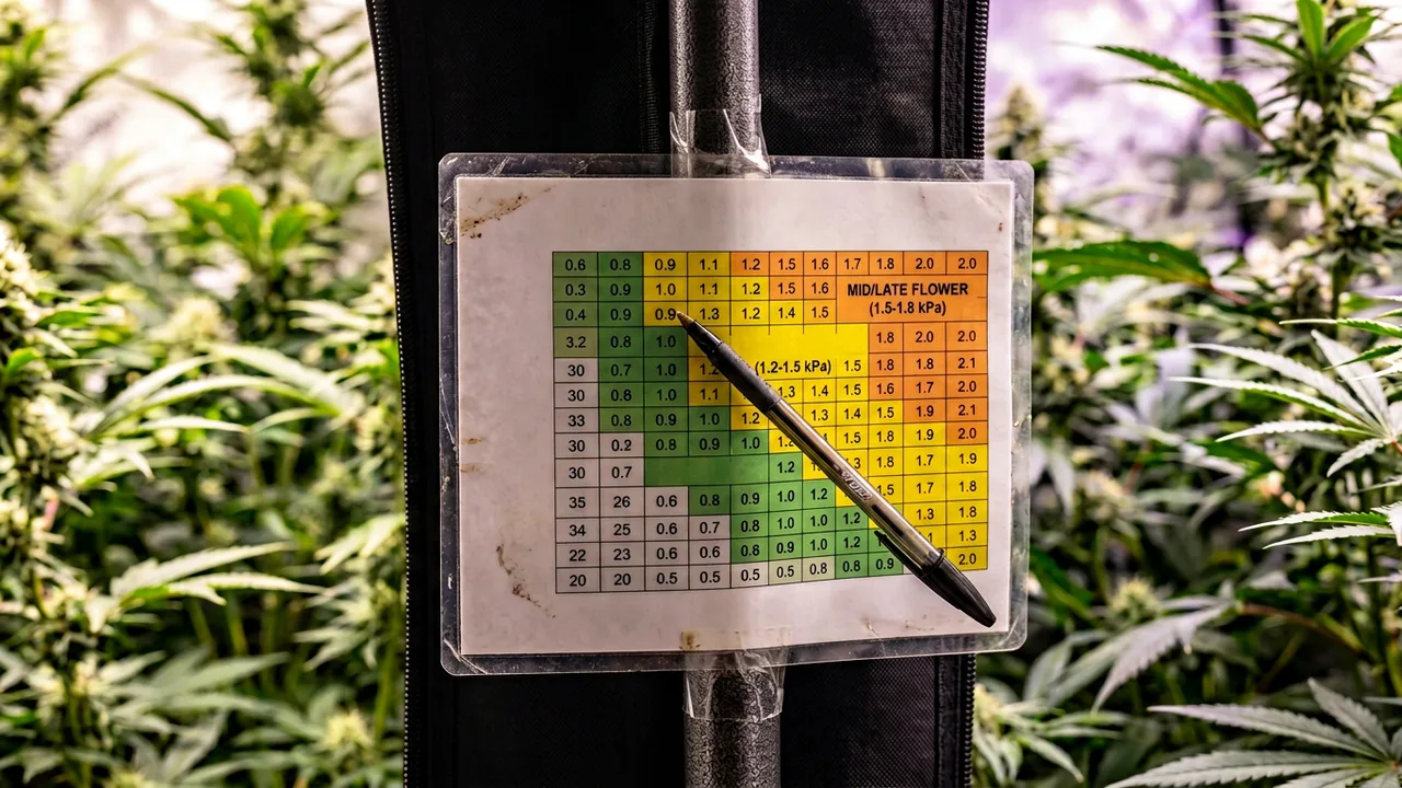 Laminated color-coded VPD chart taped inside a grow tent pole with highlighted stage bands and a pen, illuminated by grow lights.