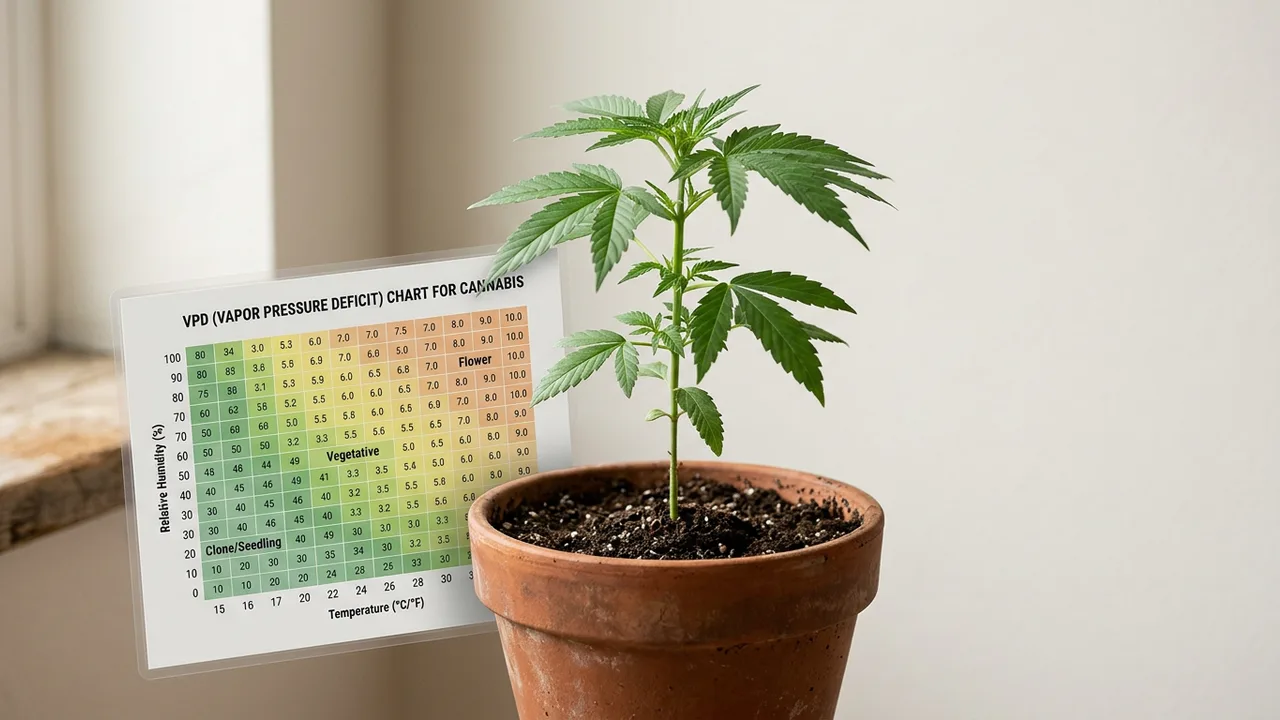 Laminated VPD chart propped against a thriving cannabis plant in terracotta pot under soft window light.