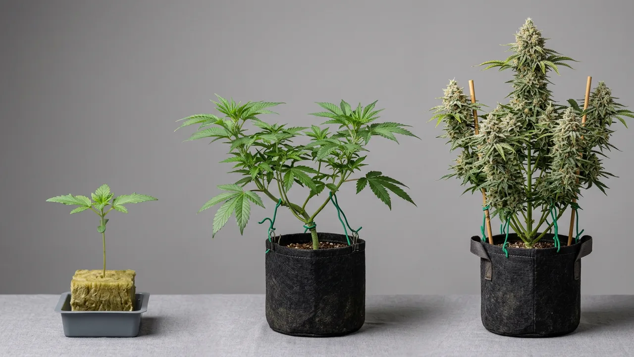Three cannabis plants at different growth stages from seedling to flowering on grey background with studio lighting.