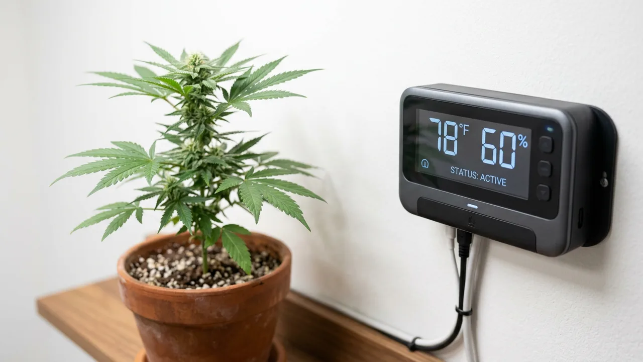 Digital controller displaying 78°F and 60% humidity mounted on white wall with potted cannabis plant in soft focus.