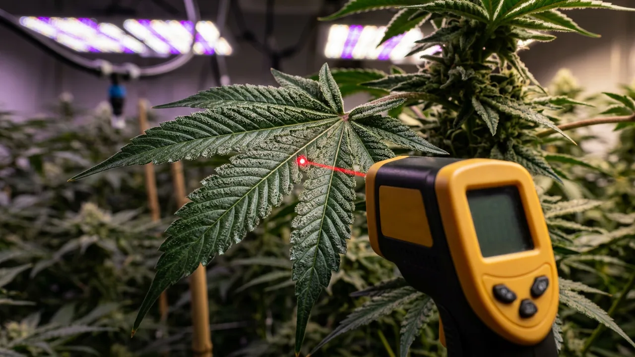 Infrared thermometer with red laser targeting a mature cannabis leaf under LED grow light, showing detailed trichomes and veins with side li