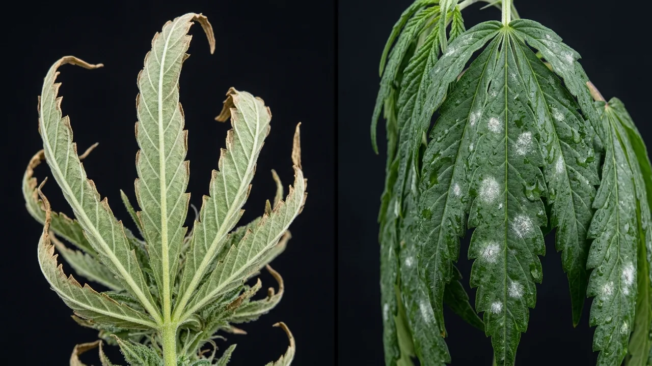 Split-screen comparison of cannabis leaves showing stress from high VPD (curled, tacoing edges) versus low VPD (drooping, powdery mildew spo