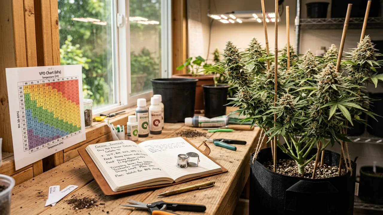 Grower's workbench with VPD chart, flowering cannabis plant, and handwritten journal notes in natural window light.