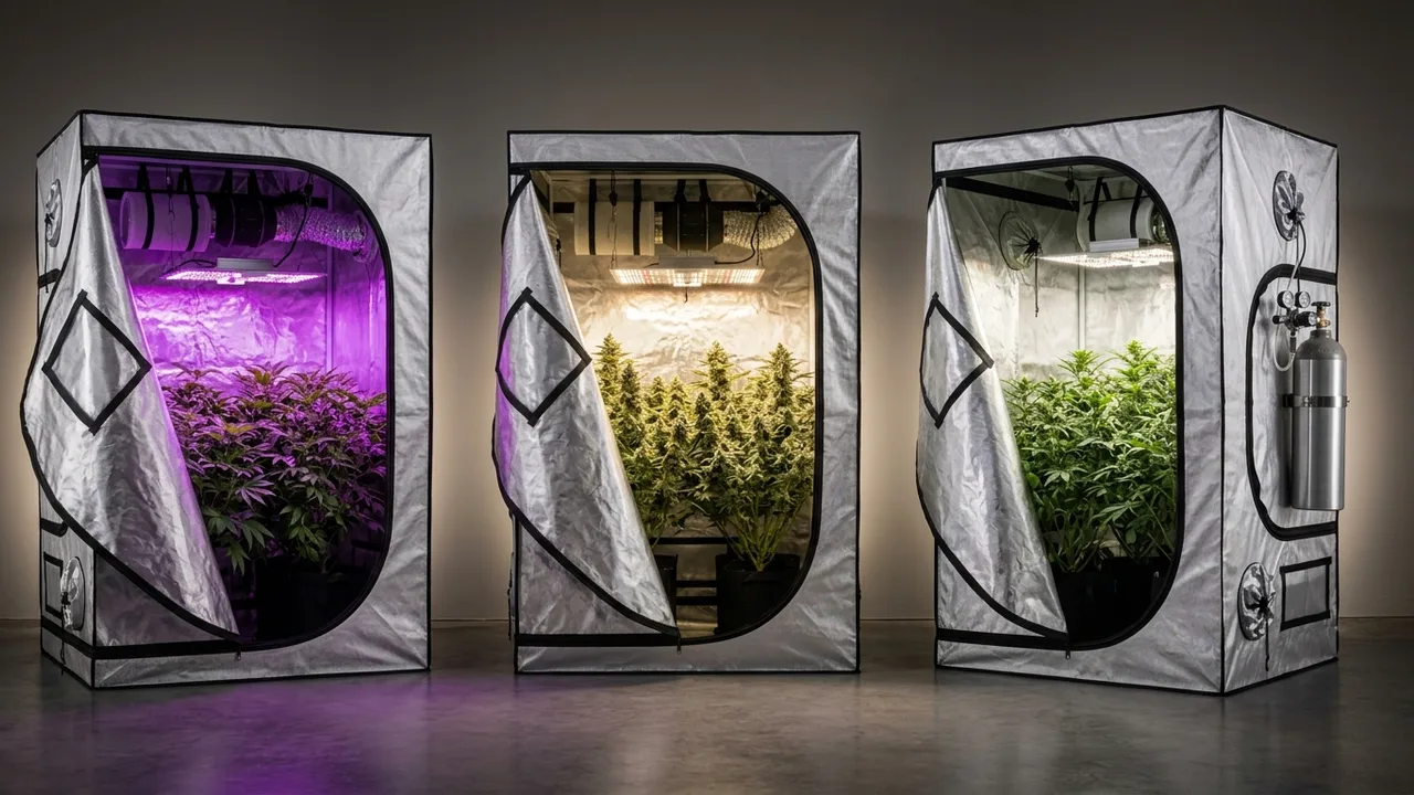 Three grow tents with purple, white, and CO2-equipped lighting setups arranged side by side with rim lighting in studio setting.
