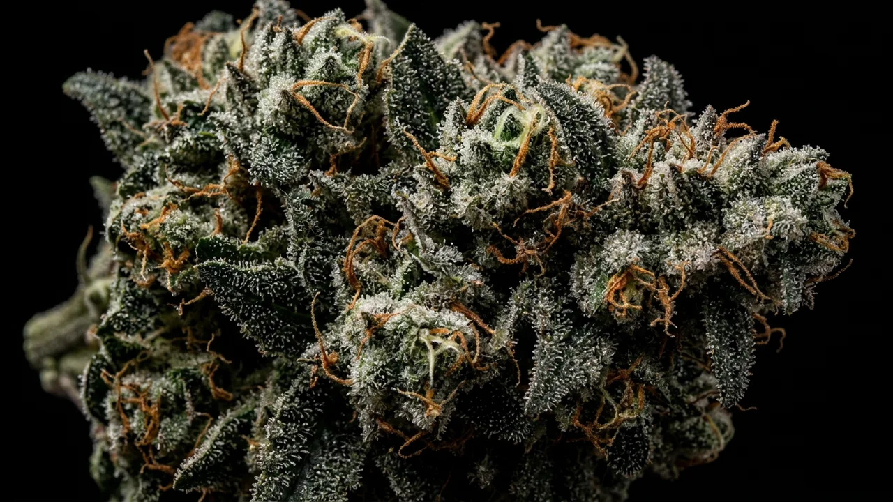 Mature cannabis flower with amber pistils and crystalline trichomes under dramatic studio lighting against black background.