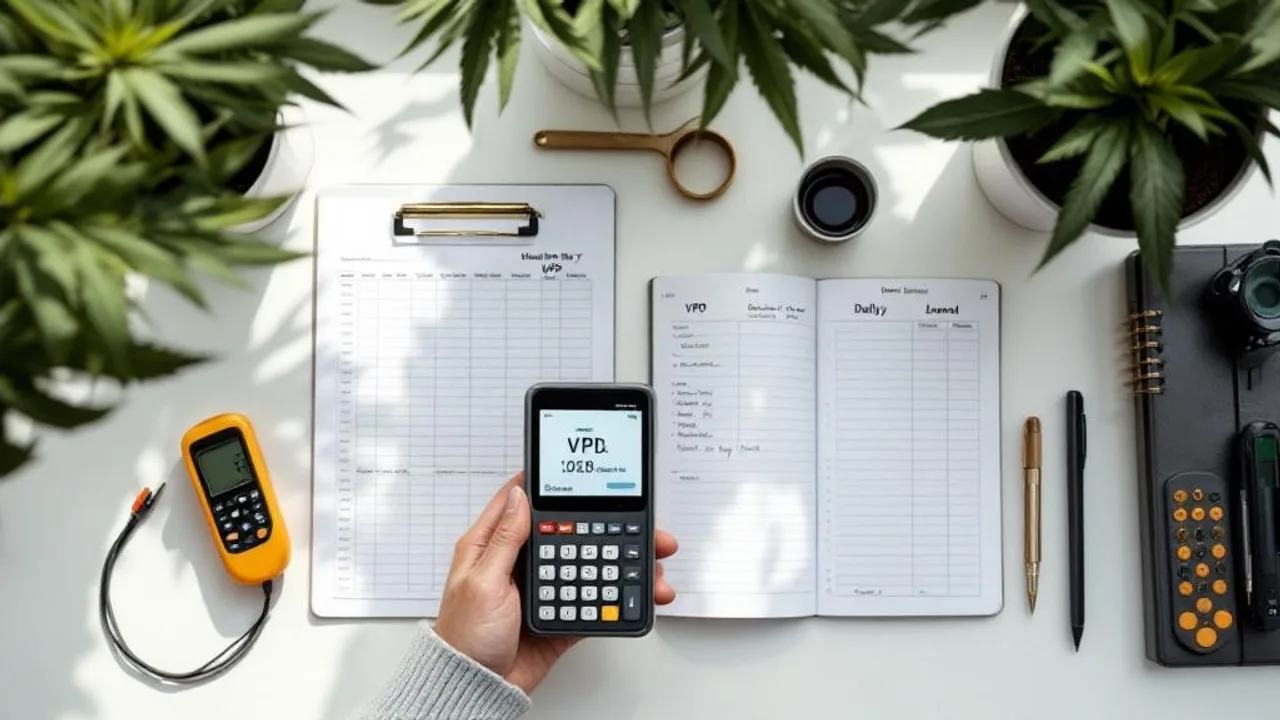 Flat-lay of cannabis grow monitoring tools on white desk: thermometer, hygrometer, VPD app on tablet, printed chart, and handwritten grow jo