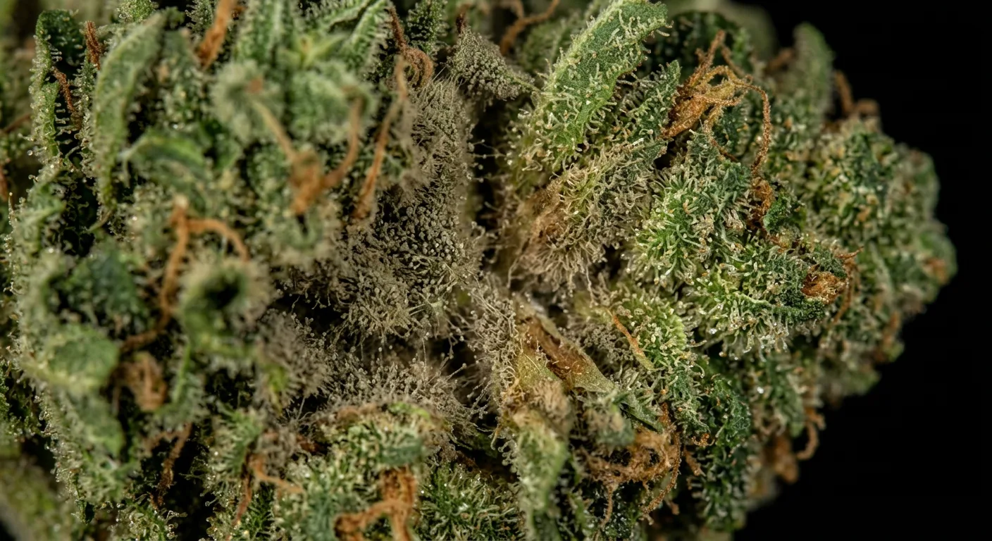 Early Botrytis colonization visible between calyxes — a direct result of water activity above 0.65 at sealing.