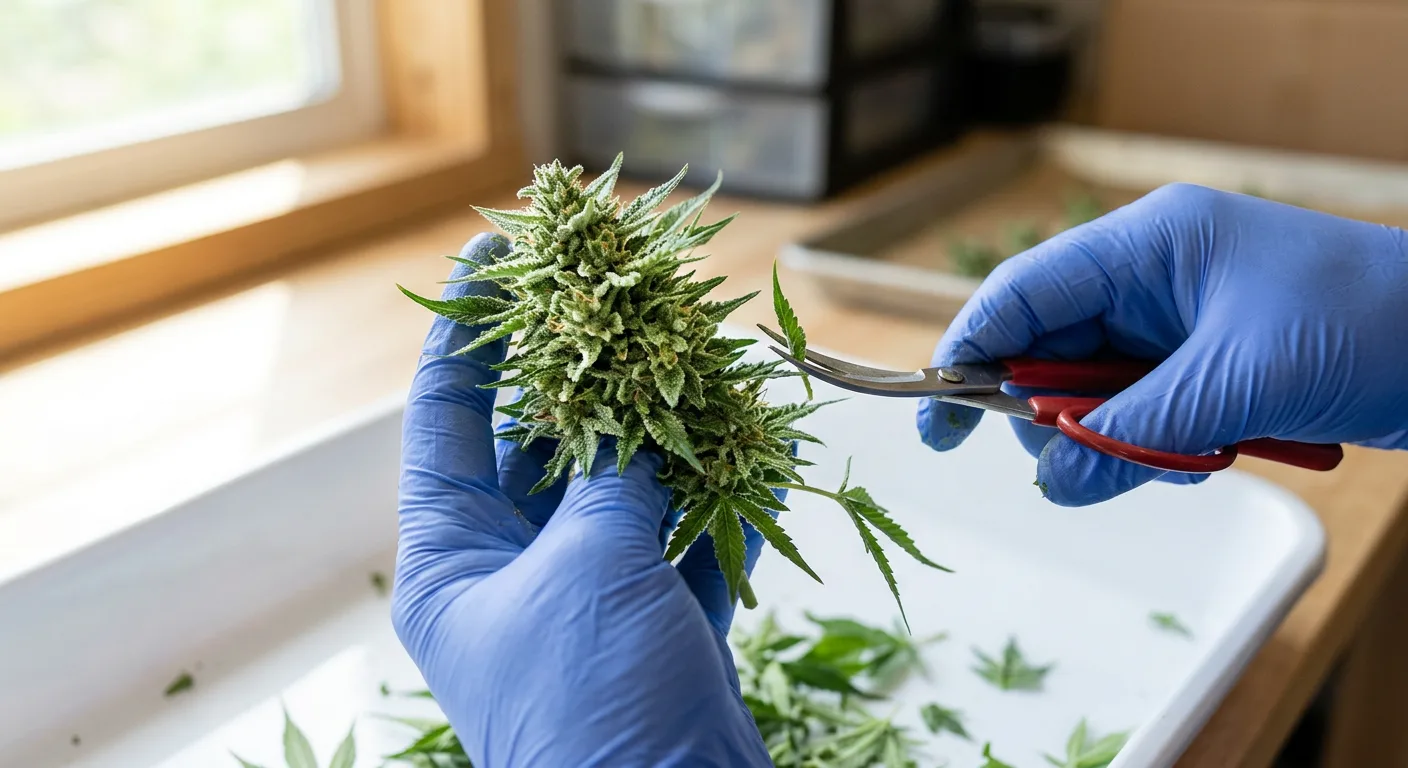 Wet trimming in action — removing sugar leaves while the bud is still fresh and fully hydrated.